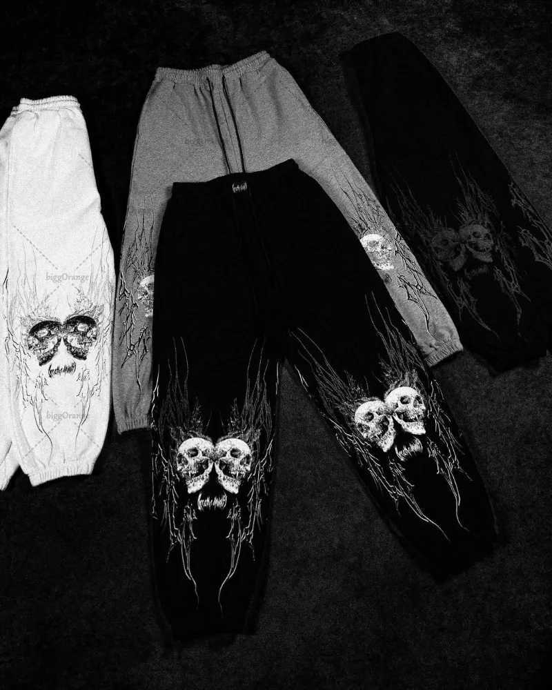 Gothic Punk Y2K Harajuku Streetwear Trousers Hip Hop Retro Skull Print Sweatpants Men Trendy Drawstring Loose Casual Sport Pants X250319