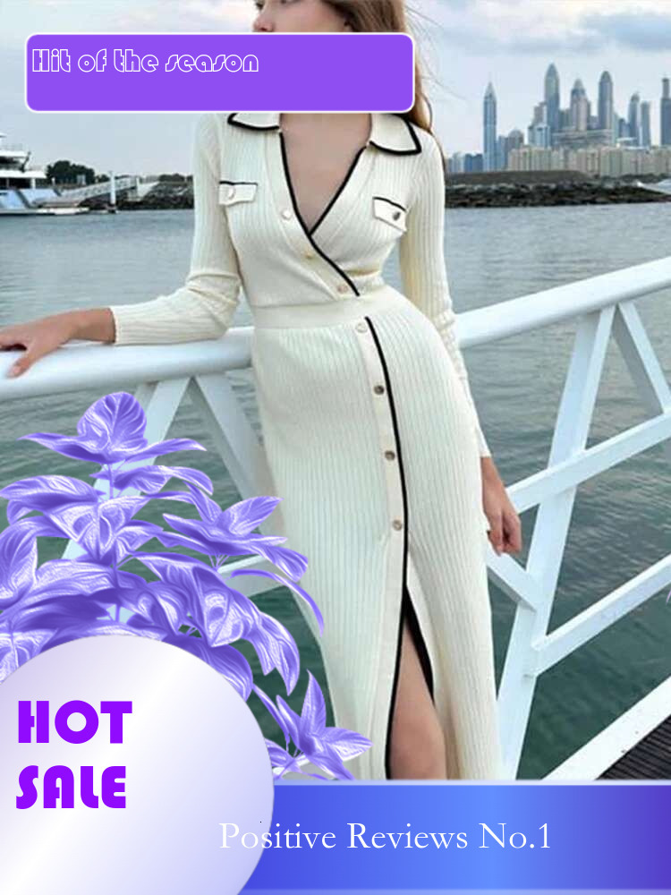 dongdumaoyi Ladies Elegant Full Sleeve Dresses Knitted V neck Slim High Waist Long Dress For Women Autumn Casual Party Evening Sweater Dress