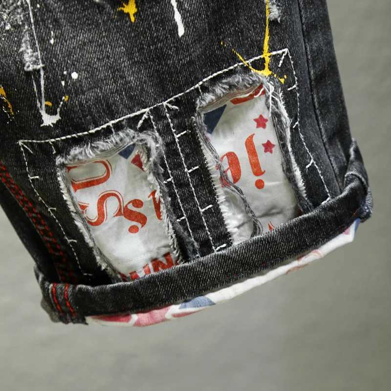 Open top denim shorts mens patch retro personality old knee pants printed fashionable painting points street hip-hop shorts W250319