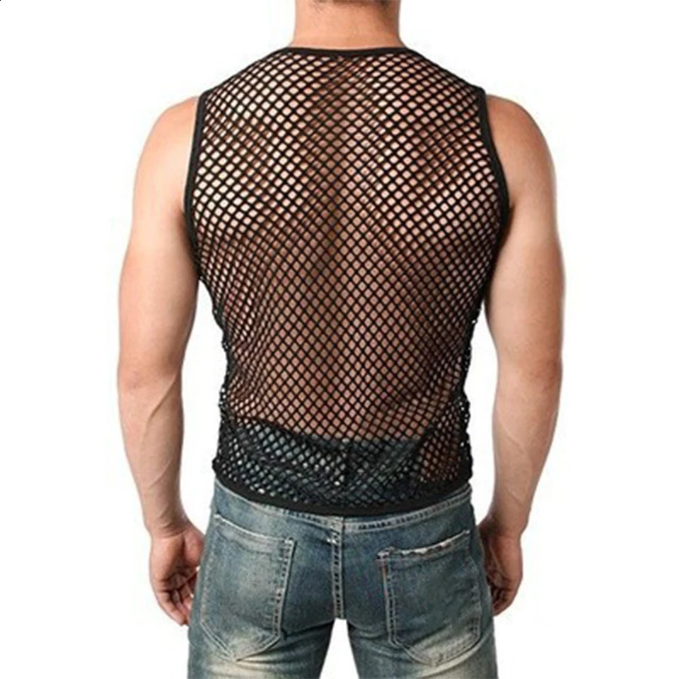 Mens Sexy Tank Top Transparent Mesh Undershirt Fishnet Vest String Sleeveless Shirts Male See Through Night Clubwear Slim Sport 250319