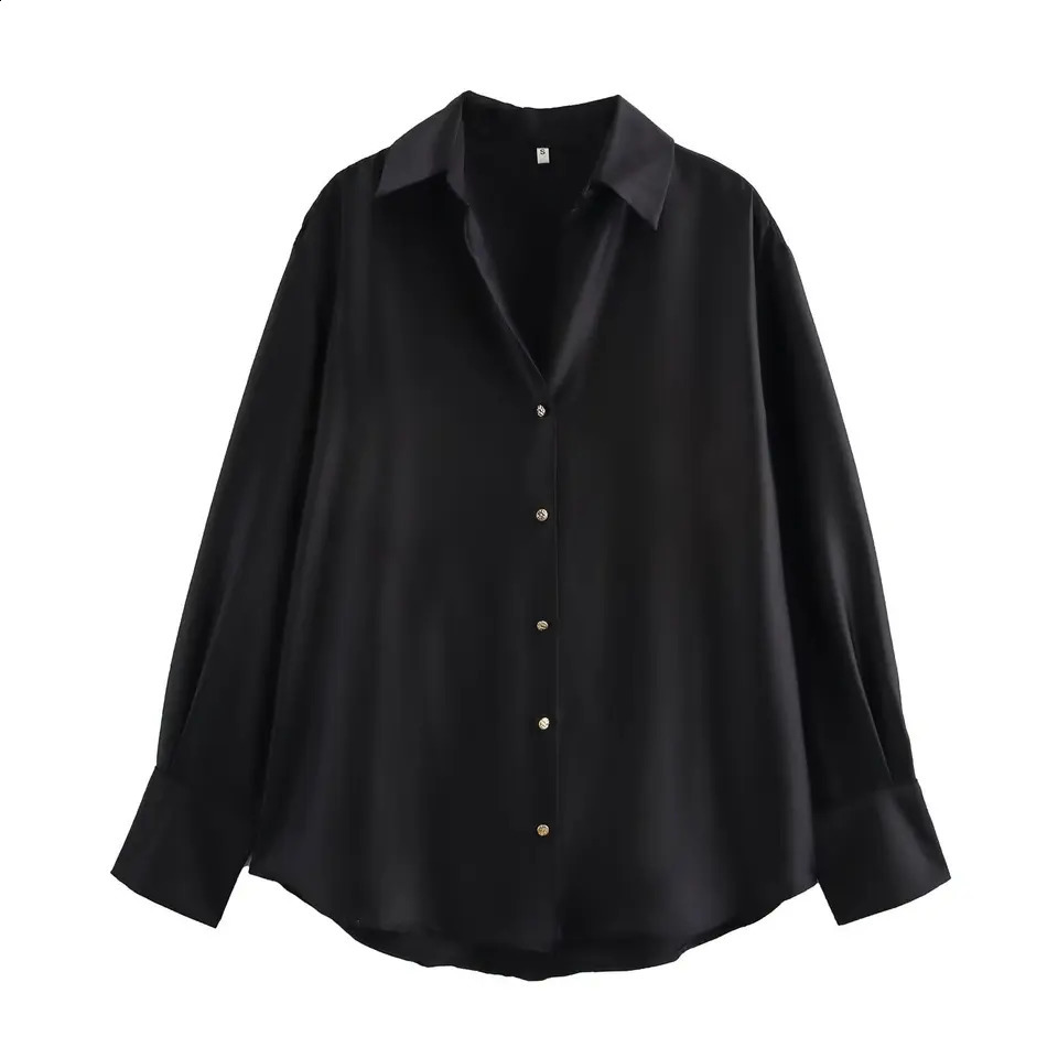 DUOPERI Womens Fashion Satin Brown Shirt with Collar Long Sleeve Retro Clothing 250319