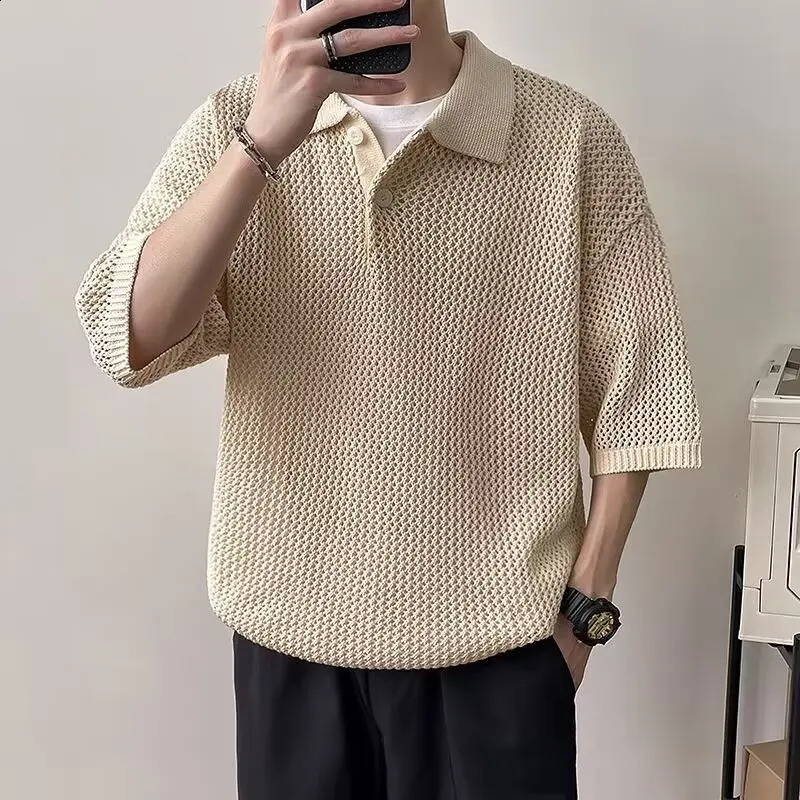 Hollow solid color mens polo shirt daily casual loose knit top. Breathable and durable T-shirt 250317