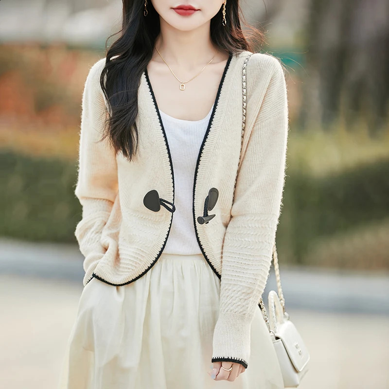 spring long sleeved knitted cardigan womens V-neck 100% wool sweater trendy fashion short cut hollow summer jacket sweater 250318