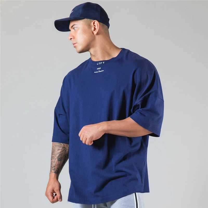 JAPAN UK Cotton Gym Shirt Sport T Shirt Men Short Sleeve Running Shirt Men Workout Training Tees Fitness Loose large size M-XXXLT250318