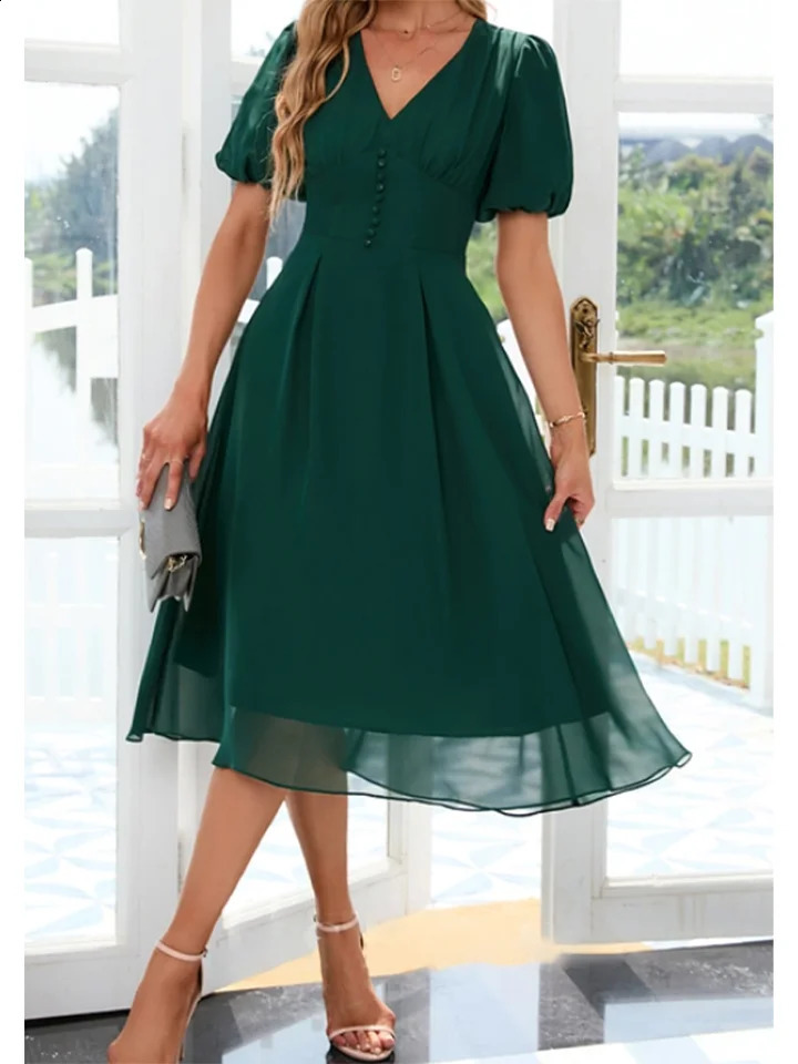 Womens plus size fashionable dress Vneck elegant Aline chiffon midi lantern sleeves casual party Vestidos 250319