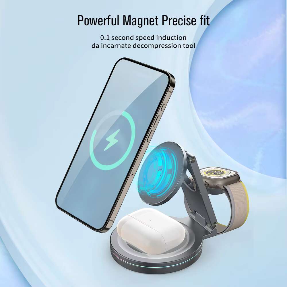 New 3 in 1 Foldable Magnetic Wireless Charger 15W Smart Fast Charging Station 360 Degree Rotation for iPhone 15/14/13/12 Apple