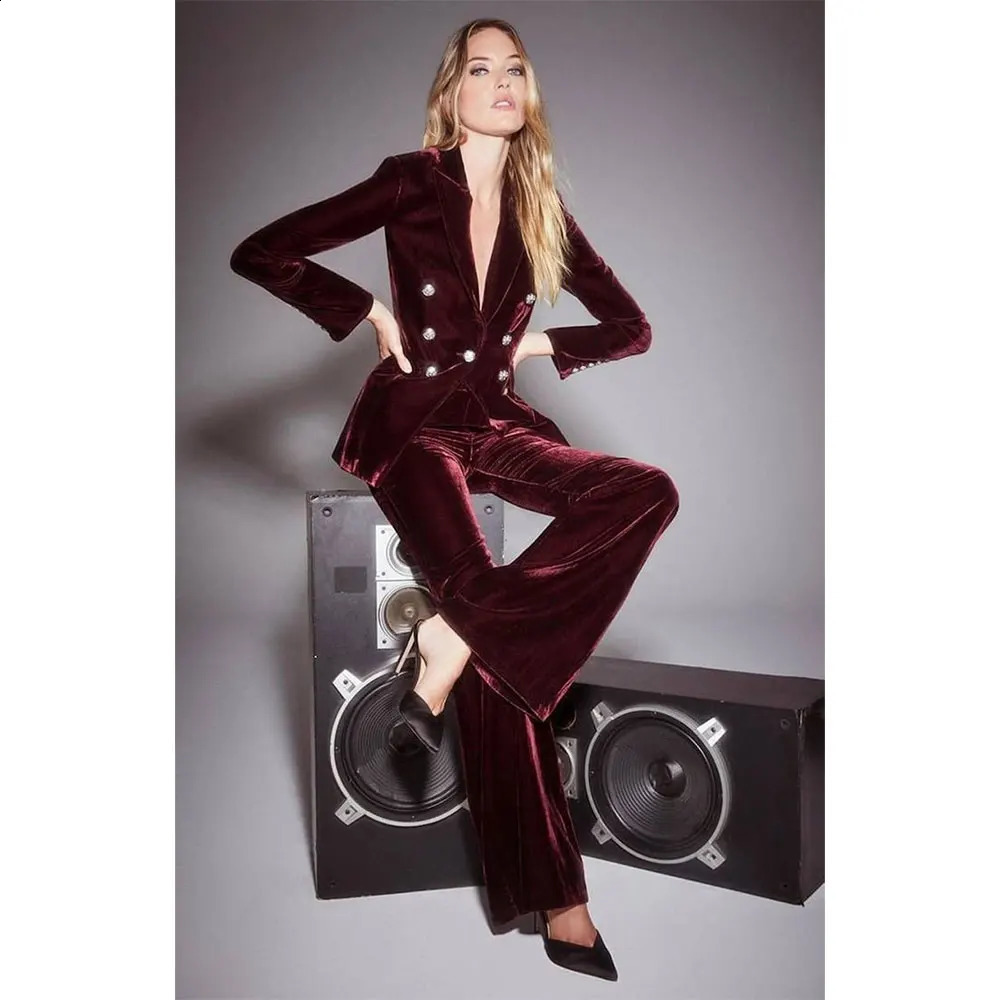Velvet Womens Set 2piece Holiday Party Jacket Fashionable and Elegant Double Chest Retro 250311