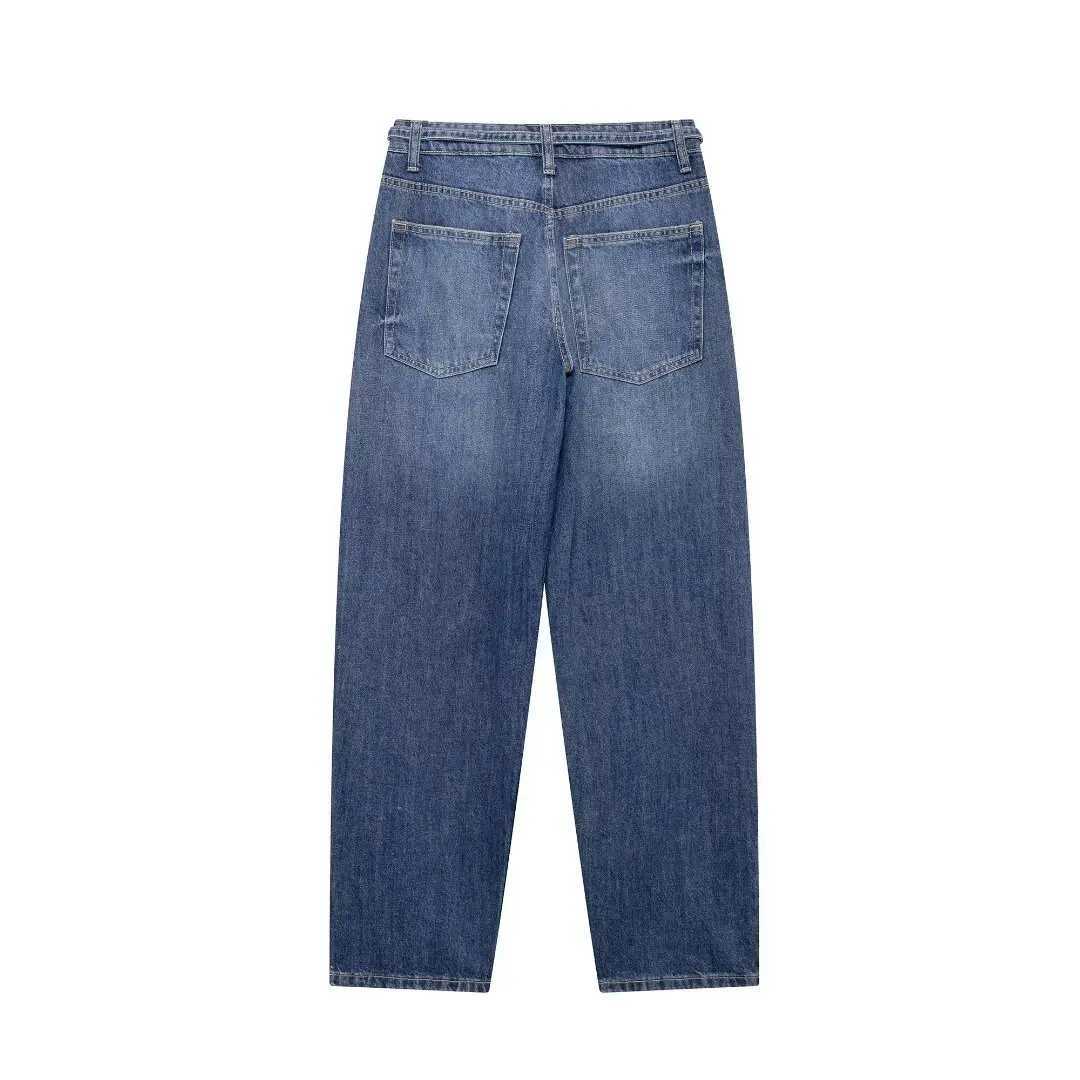Womens Fashion Mens Denim Solid Pants Womens Belt Decoration Mid Waist Balloon Version Zipper Pocket PantsT250319