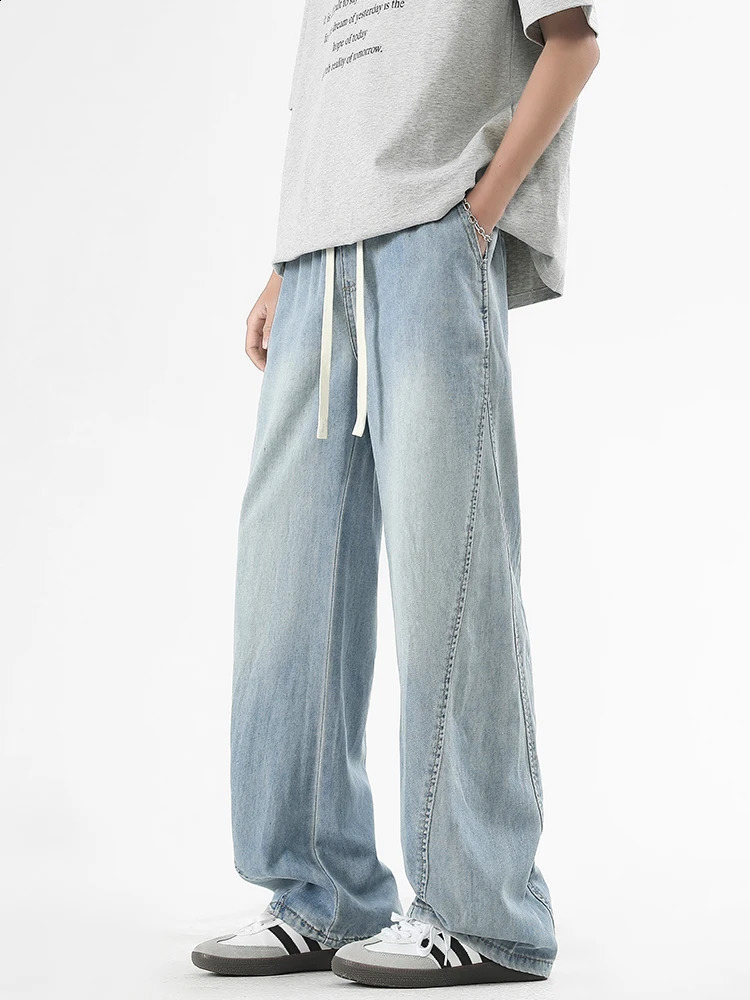 Summer mens lightweight jeans Korean fashion breathable cotton wide leg straight 250319
