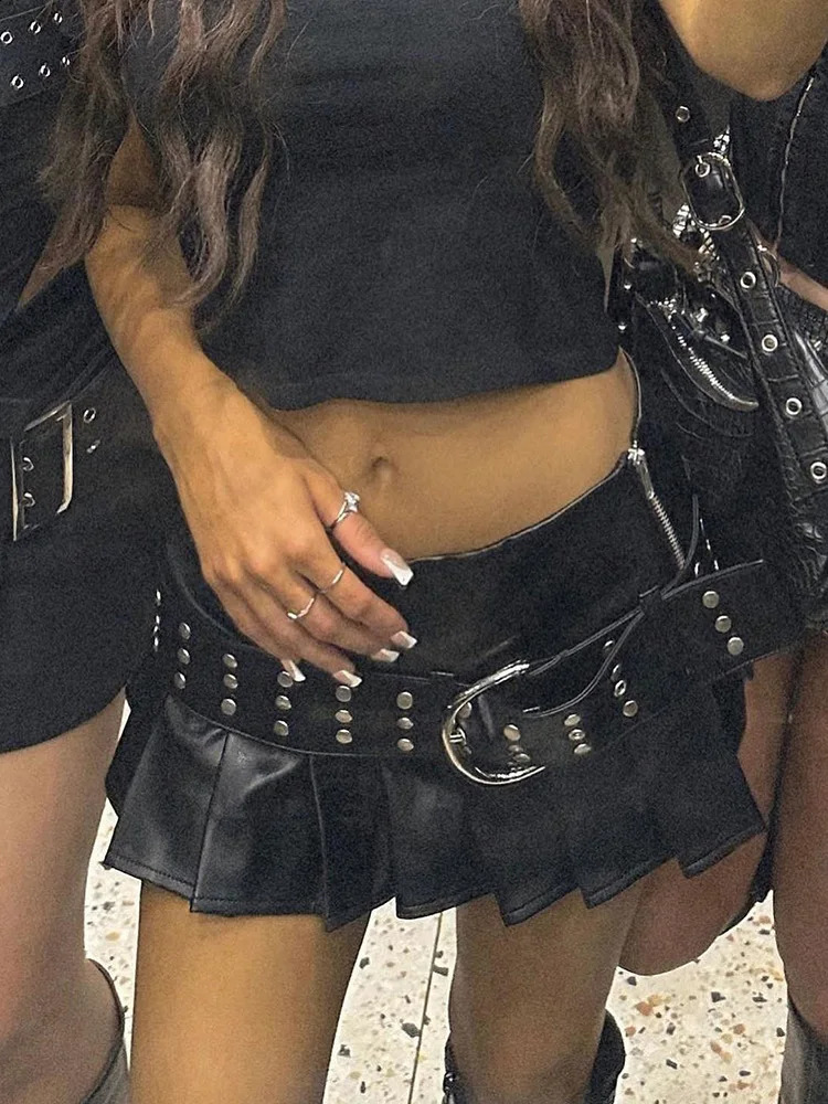Rockmore PU Leather WomenS Mini Skirt Belt Low Waist Gothic Black Vintage y2k Streetwear Zipper Pleated Skirt Harajuku Korean 250319