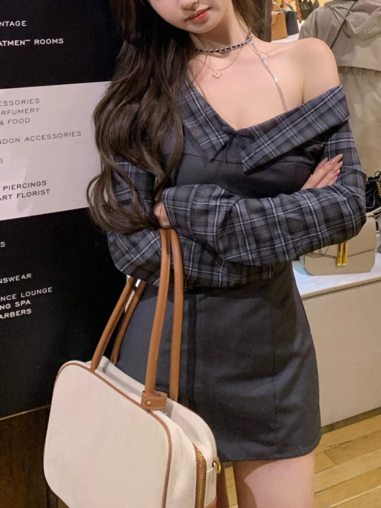 Autumn Sexy Style Two Piece Patchwork Dress Casual Fashion Retro Women Clothing Korean Y2k Vintage Party Dresses 250319