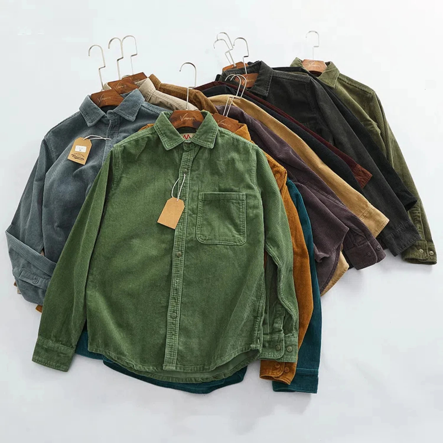 Heavy chunky high pit chunky strip vintage corduroy long sleeve shirt mens autumn cotton cargo shirt jacket 250314