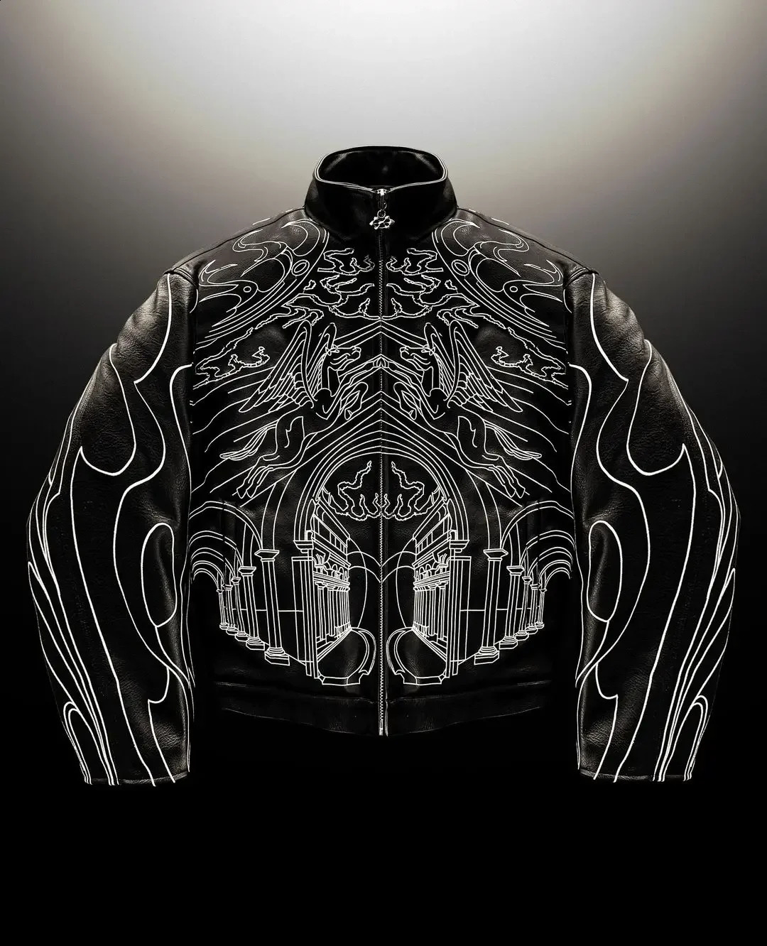 Vintage Y2k Mens Gothic Jacket Hip Hop Rock Line Alphabet Pattern Pu Leather Jacket Black Thick Loose Zipper Jacket Coat 250318