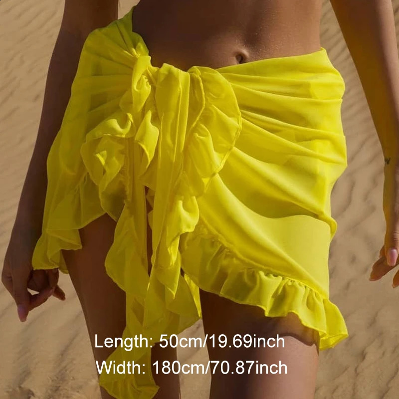 Women Chiffon See-Through Beach Bikini Cover Up Wrap Scarf Swimwear Pareo Sarong Dress Solid Ruffle Casual Beach Dress Decorate 250313