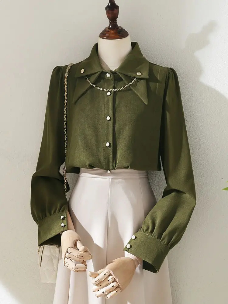 Brushed Corduroy lapel long sleeved shirt for womens autumn and winter n chain retro thick bottom top 250318