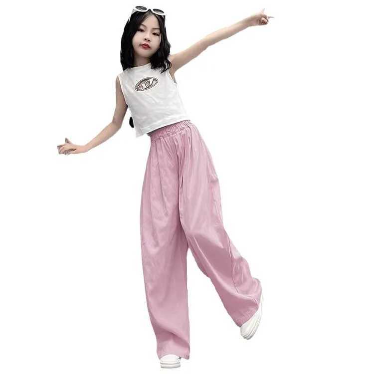 Girls Trouser Loose and Versatile Wide leg Pants Fashion Solid Color Folded Pants Casual Simple StyleT250318