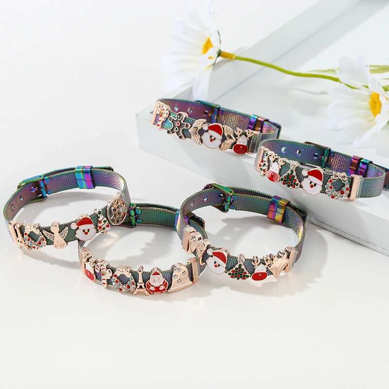 20 Style Stainless Steel Mesh Bracelets With Santa Claus Christmas Tree Beads Charm Keeper Bracelet For Women Kids Jewelry Gift