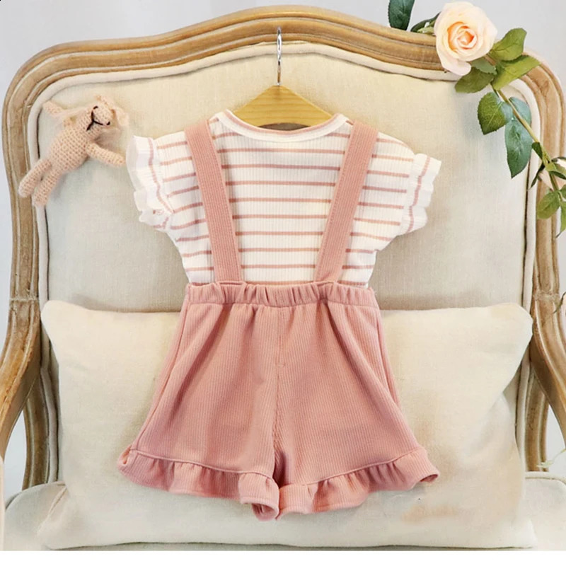 Summer Toddler Baby Girls Clothing Sets Kids Short Sleeves Cotton Stripped T-shirtSolid Overalls Infant Girls Casual Clothes 250319