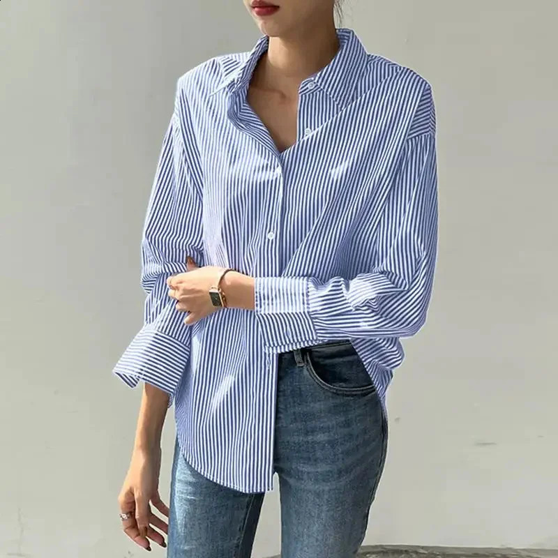Womens SpringSummer Shirt Fashion Casual Long Sleeve Collar Blue Stripe Top 250318