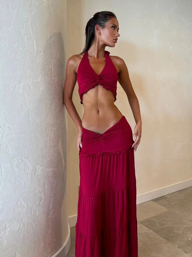 Cute Pleated Matching Women 2 Piece Solid Sexy Ruffle Halter V-neck Crop TanksCross High Waist Skirts Female Vacation SETS 250318