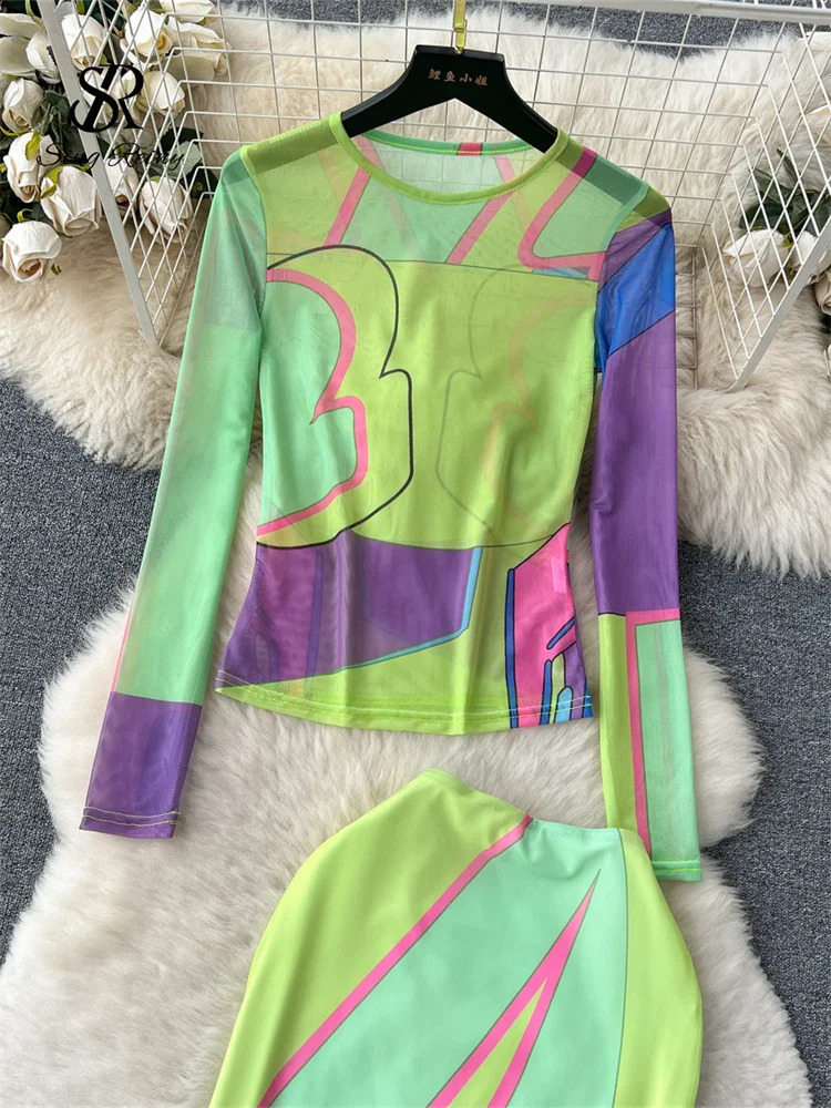 SINGREINY Women Painting Mesh Suits Long Sleeves TopsHigh Waist Bodycon Skirt Fashion Streetwear Vintage Skinny Two Pieces Sets 250319
