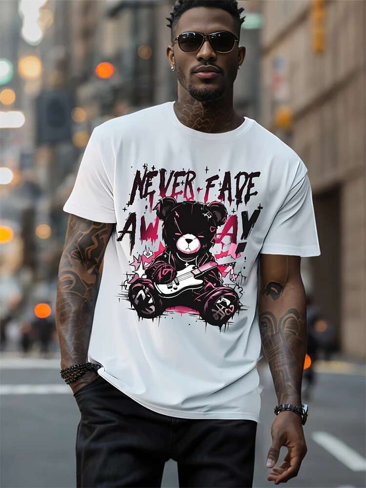 Hip-Hop Style Cartoon Bear Print T-Shirt Summer Casual Everyday Top Urban Street Fashion Men's Oversized Short Sleeve Tees
