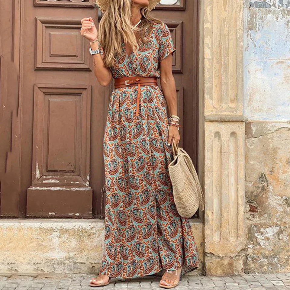 2024 Summer Dress Beach Bohemian Dresses Female Elegant Plus Size Slit Short Sleeve Waist Belt n Women Clothing 250319