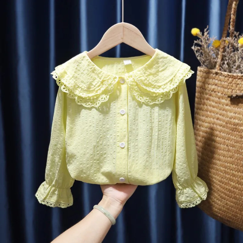 Spring and autumn girls childrens lapel shirt with sparkling sleeves long sleeved lace top clothing 18Y 250319