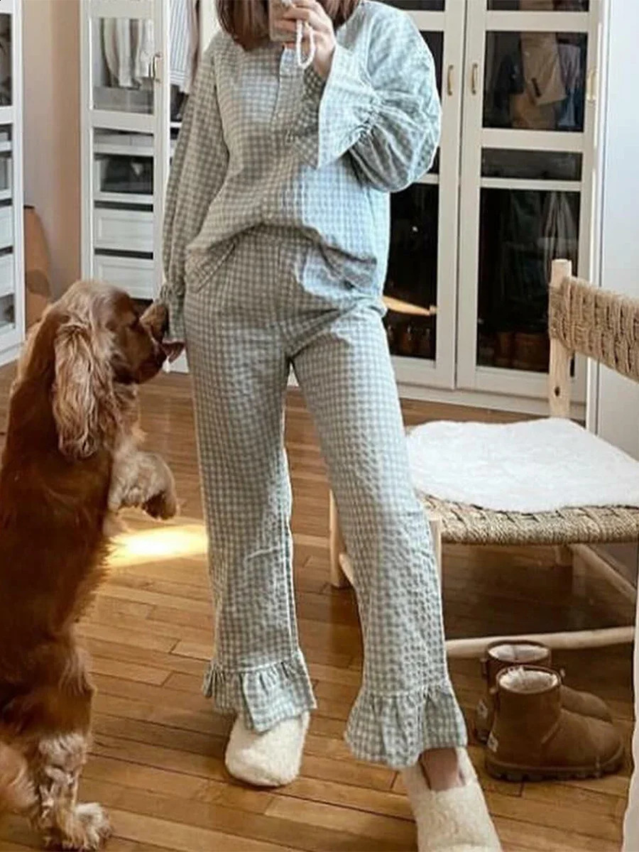 Womens Two Piece Outfits Set Long Sleeve Tie Front Top and Ruffled Wide Leg Pants Y2k Peplum Pajama Sets 250319