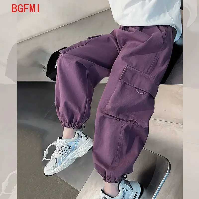Girls purple casual pants big childrens clothing Korean black cargo pants girls 2025 spring fashion new cotton TrouthersT250318