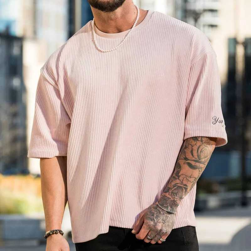 2024 New Fitness Sports Exercise Mens Corduroy Loose T-shirt Summer Crewneck Cotton Running Loose Short SleeveT250318