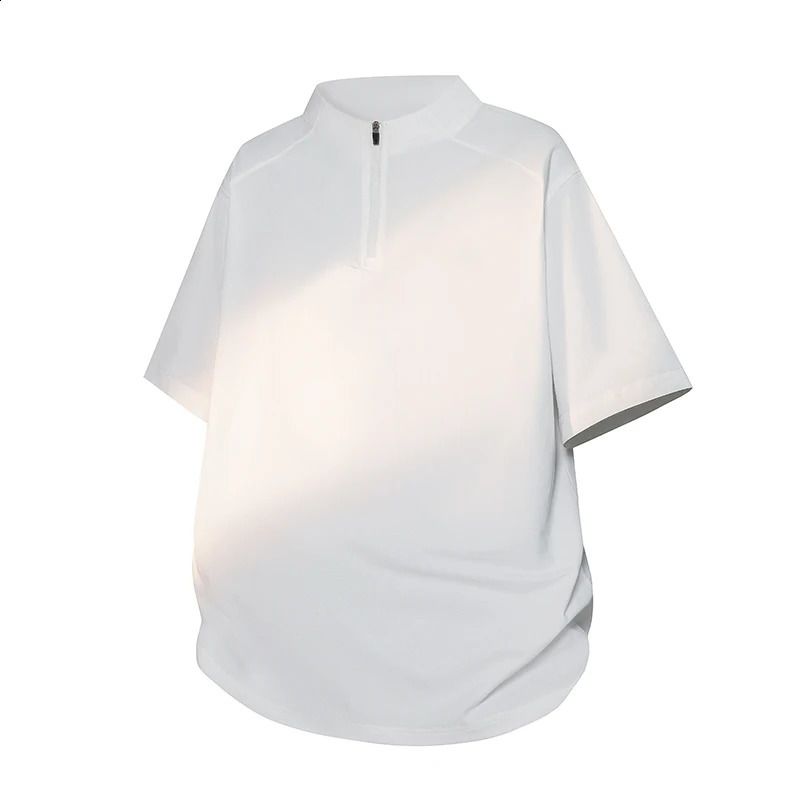 Mens Short sleeved Tshirt Summer Top 2025 Korean Fashion Stand up Collar Half Zipper Solid Knitted Sleeve 250319
