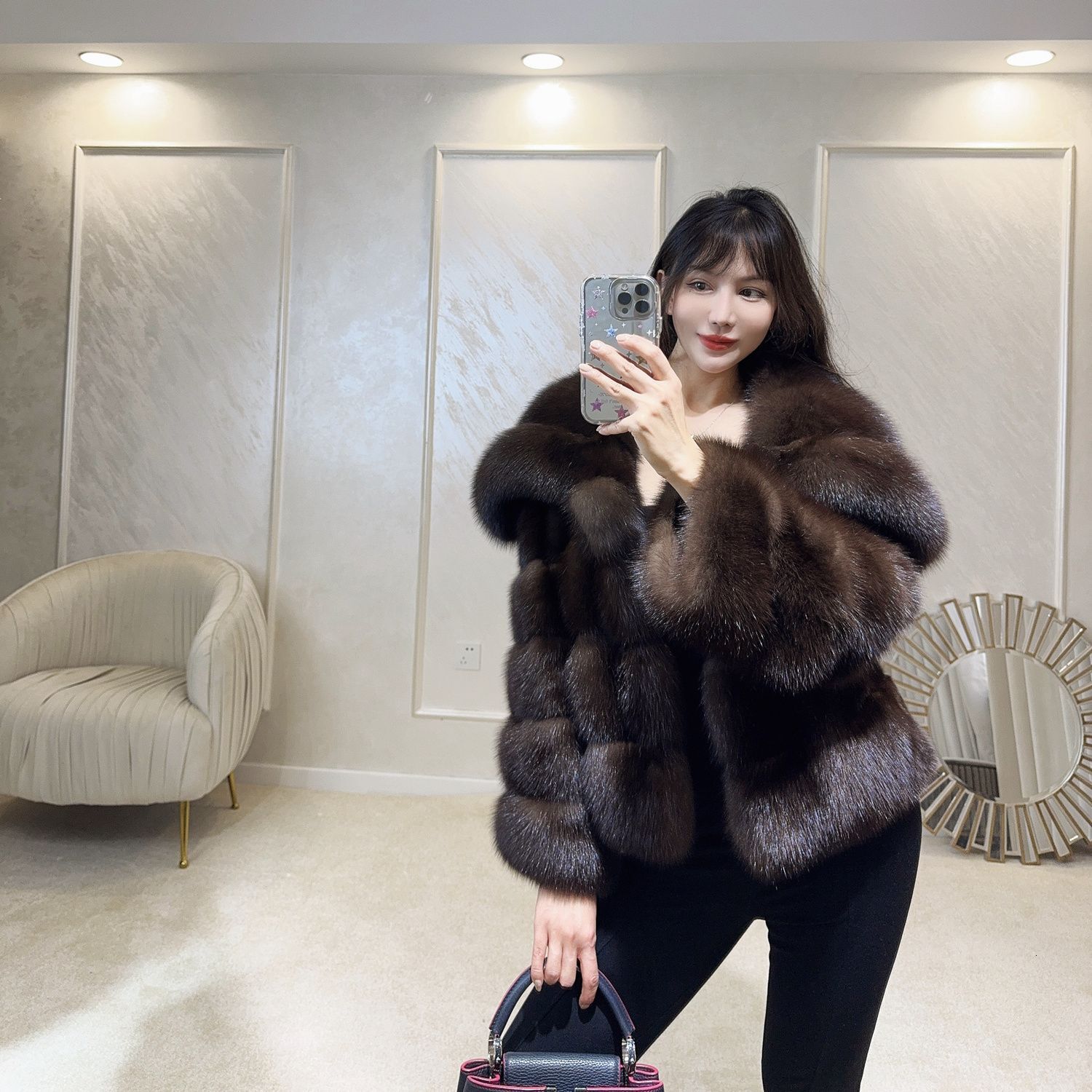 Wind black gold mink 2024 winter fashion classic trumpet sleeve imitation fur women's big collar coat