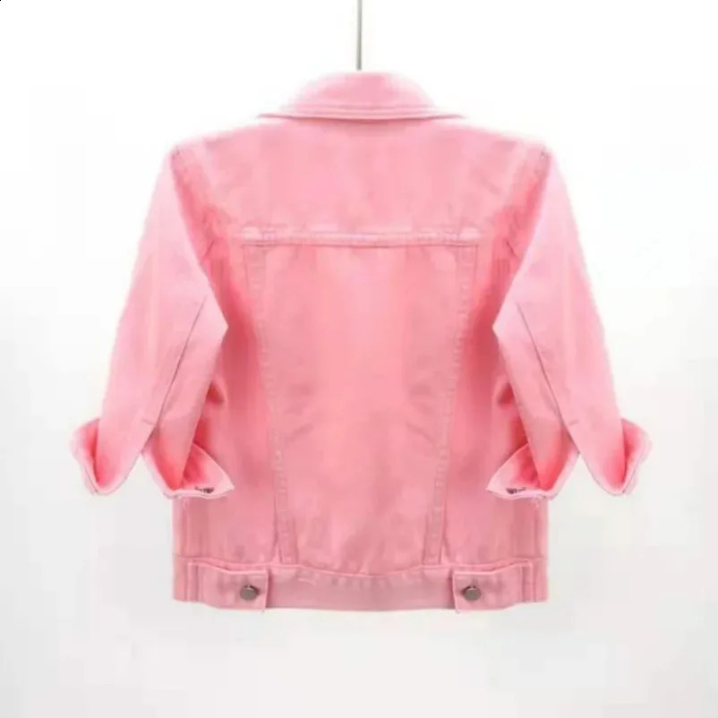Womens Spring Autumn Denim Jacket Tops Pink Color Solid Short Multicolor Feminino Three Quarter Sleeve Jean Size DURIKIES 250319