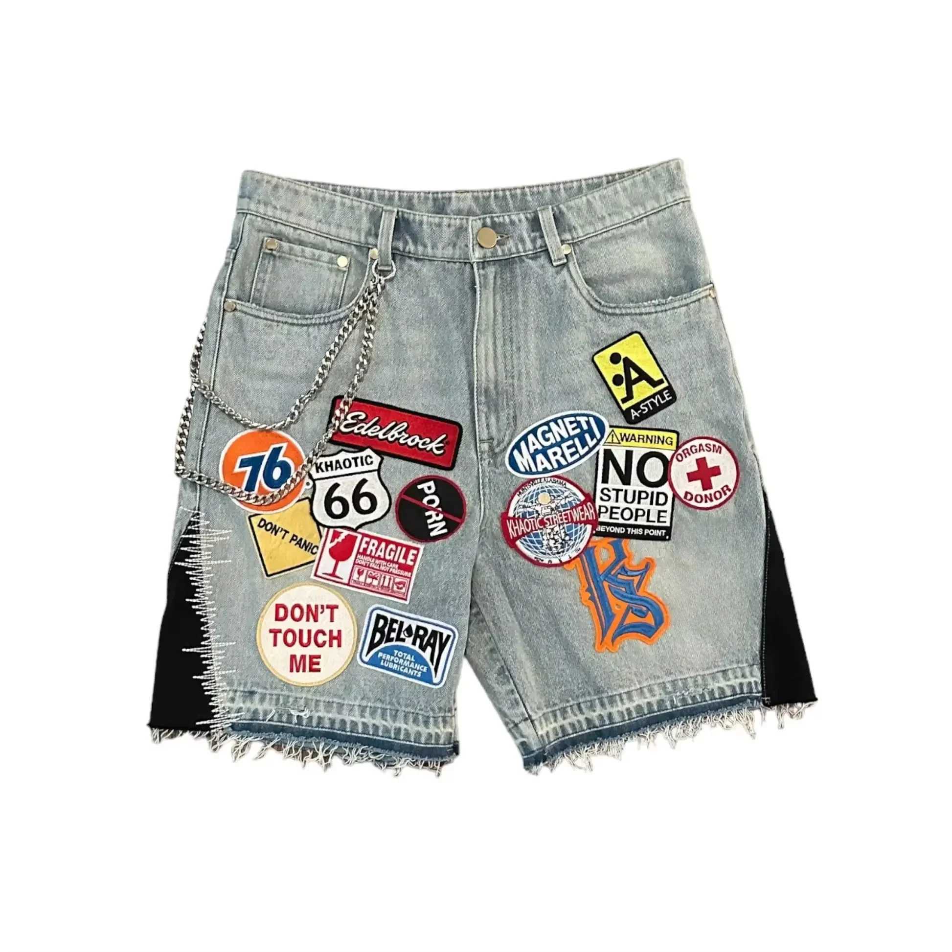 American retro denim shorts Y2K jeans mens Harajuku Gothic hip-hop cartoon decal embroidery retro blue pocket shorts W250319