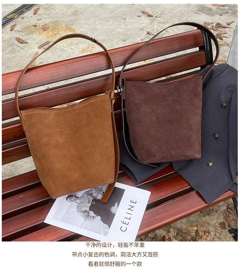 Frosted Cowhide Bucket Women Suede Leather Purses Lazy Style Crossbody Shoulder Winter Large Bag