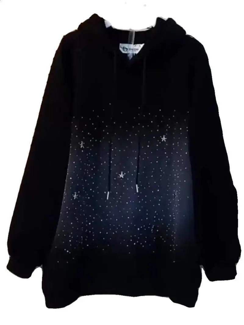 300 pounds plus size chubby MM loose hoodie thick velvet medium length style starry sky print long sleeved womens sportswear 250318