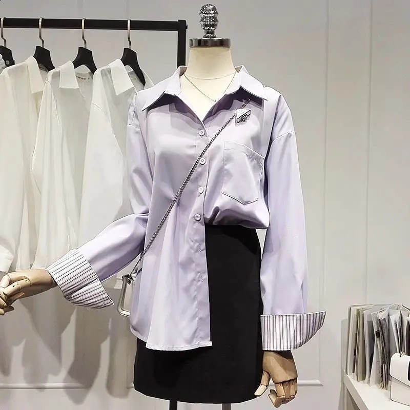 Casual fashionable elegant hem collar striped purple patchwork work long sleeved young womens loose shirt and top 250319