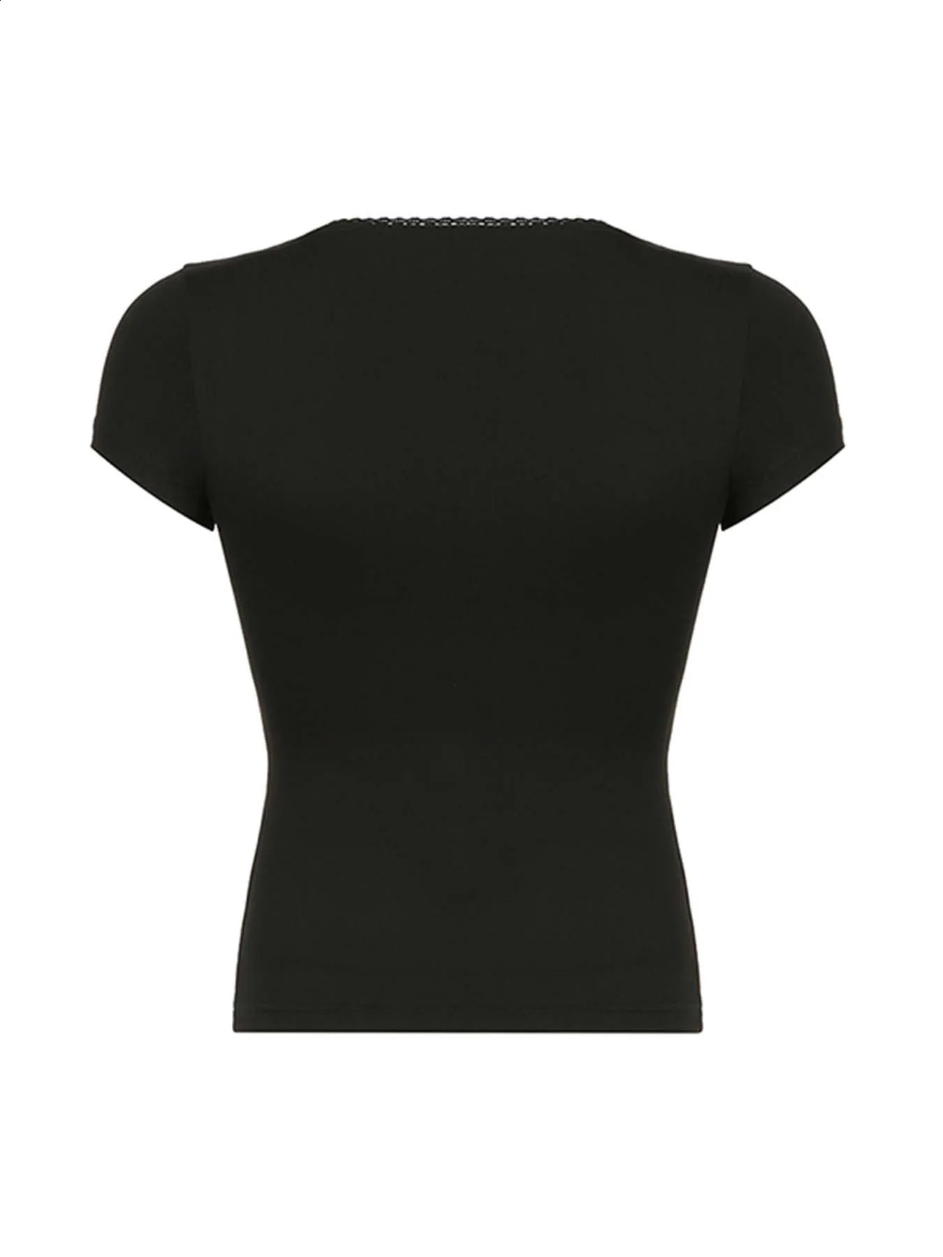 Sweetown Black Solid Slim Elegant Basic Short Sleeve Tees Lace Trim Cute Y2K V Neck White T Shirts Women Summer Streetwear Tops 250319