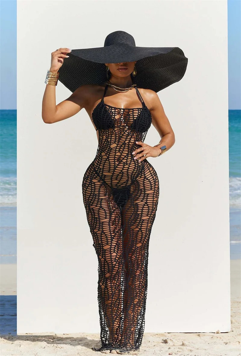 Womens 3 Pieces Sexy Beach Bikini Set Backless Hollow Out Hole Knit Long Dress Cover UpLace Up Halter Bra TopUnderwear Swimsuit 250318