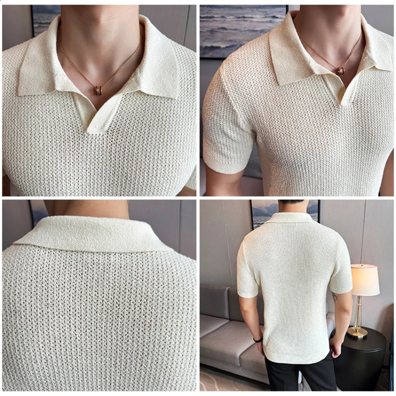 Hollow knit short sleeved T-shirt V-neck brown polo shirt high-end high-quality cool genuine product ultra-thin top 250317