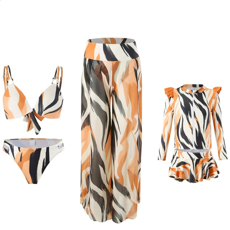 Summer Mother Daughter Bikini Swimwear Beach Bath Swimsuits Mommy and Me Clothes Matching Outfits Women Pants 3pcs 250319