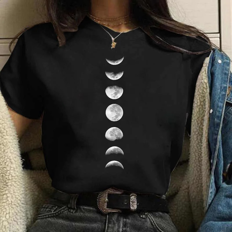 Moon Print T-shirts for Women Harajuku Summer T Shirt Fashion Black Tops Funny Female T-shirt Casual Tee Woman Clothes 250319