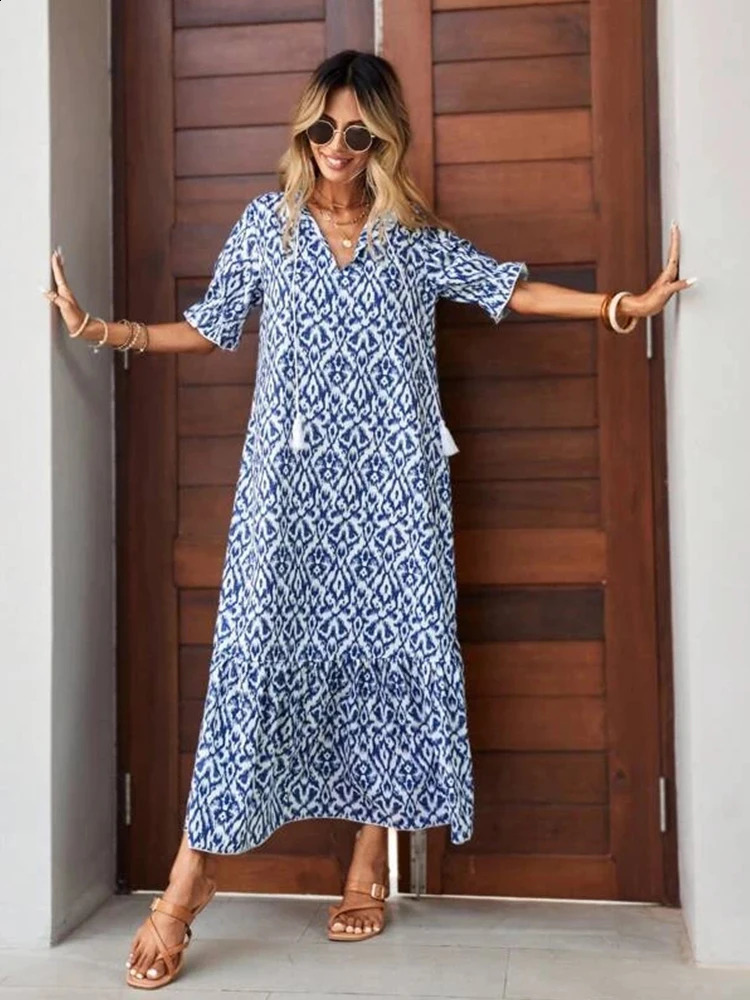 Summer Rotating Bohemian Womens Maxi Dress Casual Short Sleeve A-line Flounce Beach Womens Chiffon Dress Flower Vestidoes Mujer 250314