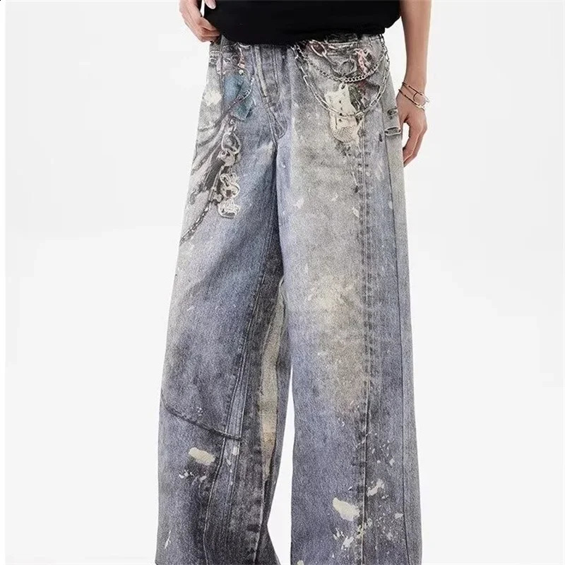 3D chain printed mens bag jeans casual straight denim pants high street wide legs Y2K blue 250319