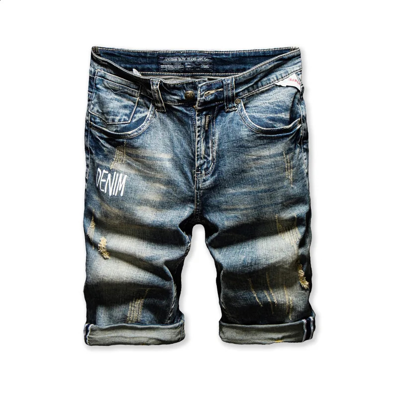 Classic Retro Distressed Mens Letter Printed Jeans Short Legs Knee Length Straight Slimming Fatigue Trend Punk Denim Shorts 250319