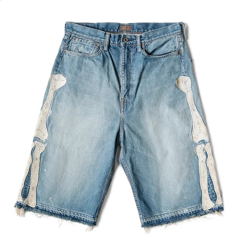 KAPITAL Hirata Hohiro Loose Casual Pants Embroidered Bone Printed Washing Water Used Raw Denim Shorts for Men and Women 250319