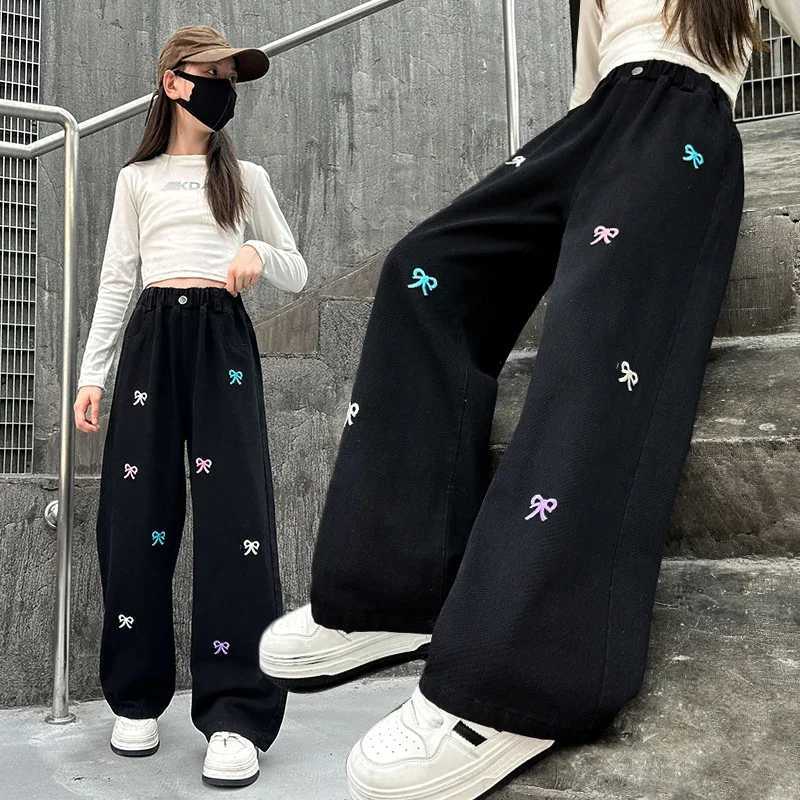 Girls retro black embroidered bow embroidered wide-legged trousers high waist straight tube show thin floor pants 5-14 years oldT250318
