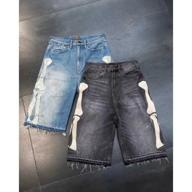 2024 European and American Summer Retro Skeleton Denim Shorts Sports and Leisure Shorts New Couple Clothing Street Wear Five Pair Five Pants W250319