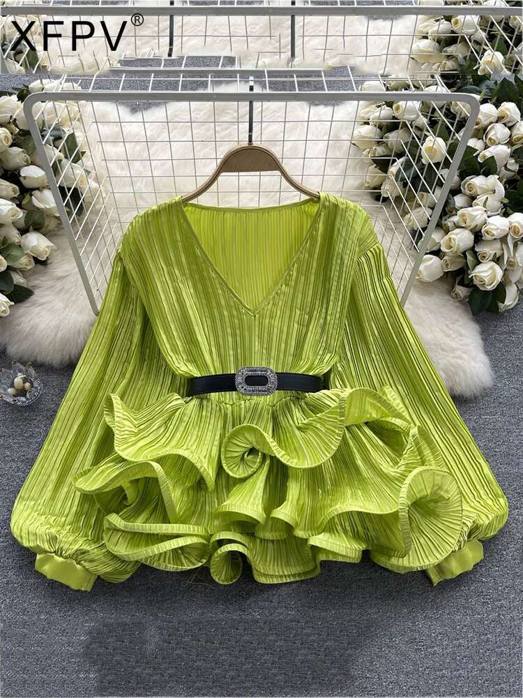 XFPV Elegant Solid V-Neck Belt Ruffles Patchwork Slim Blouse Women Temperament Basics Shirt 2025 Summer New Tide Fashion Sm6134